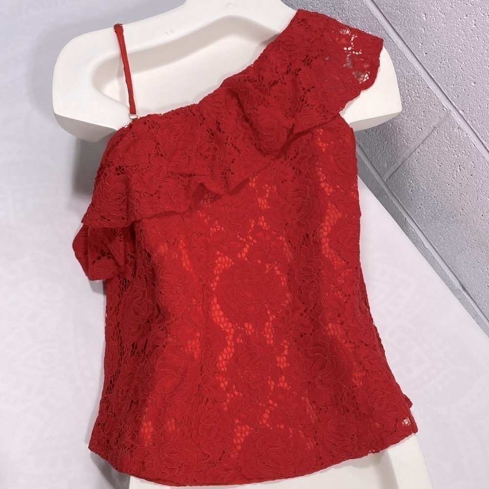 “Mine” one shoulder red lace with underlay top - Picture 4 of 9